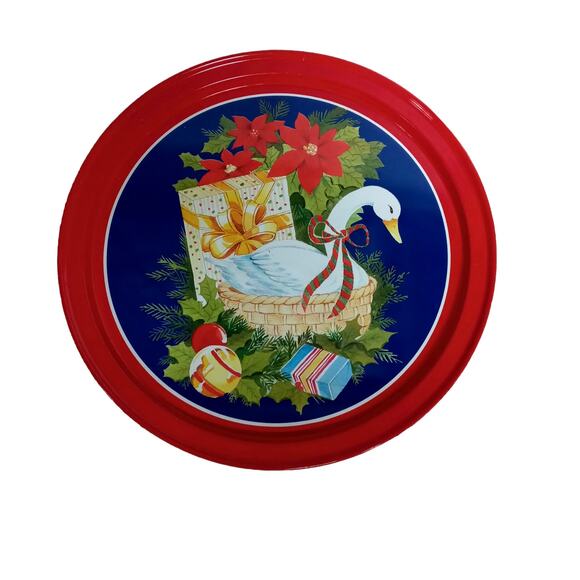 🎄VTG Metal Christmas Tray 🦢 12" Swan Poinsettia Retro Holiday Decor - Picture 7 of 10